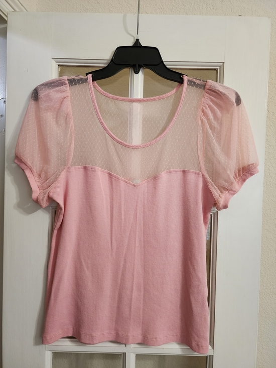 Maeve Tops - Maeve Anthropologie XL Pink Ribbed Mesh Puff Sleeve Swiss Dot Top